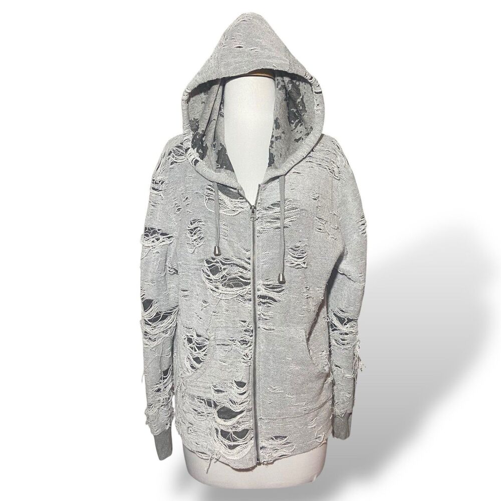 Sweet Romeo Distressed Zip Sweater Jacket Hooded Gray Women Size S Streetwear